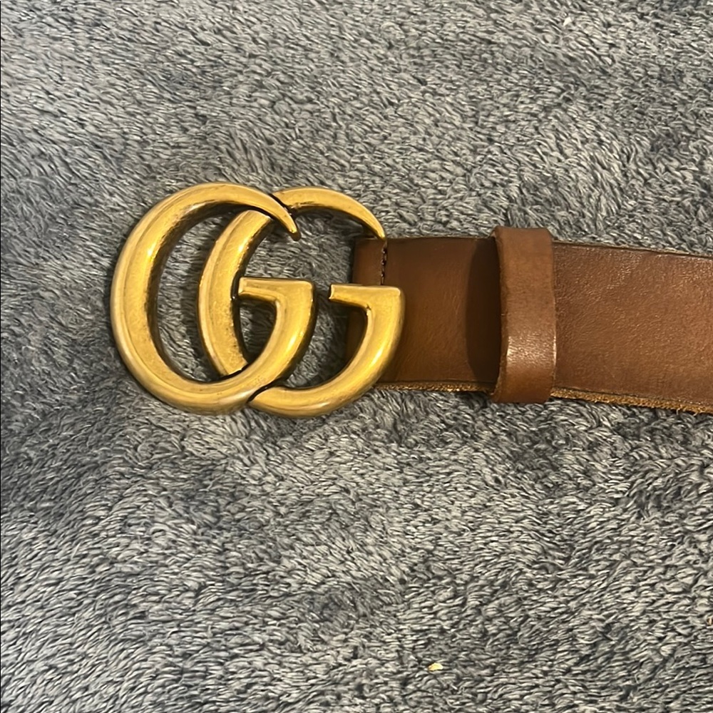 Gucci Gold Brown Leather Belt Iconic GG Buckle